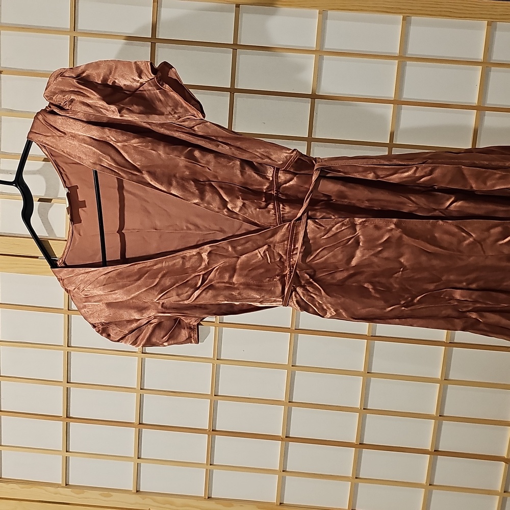 WAYF Rose Gold Gwyneth Wrap Satin Midi Dress Size Small